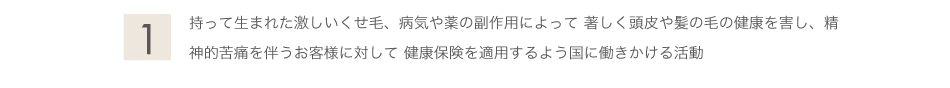 <h2>持って生まれた激しいくせ毛、病気や薬の副作用によって 著しく頭皮や髪の毛の健康を害し、精神的苦痛を伴うお客様に対して 健康保険を適用するよう国に働きかける活動</h2>